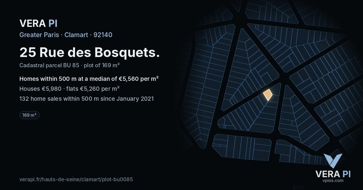 25 Rue des Bosquets, Clamart at night – the plot lit, the parcels around coloured by the prices near them