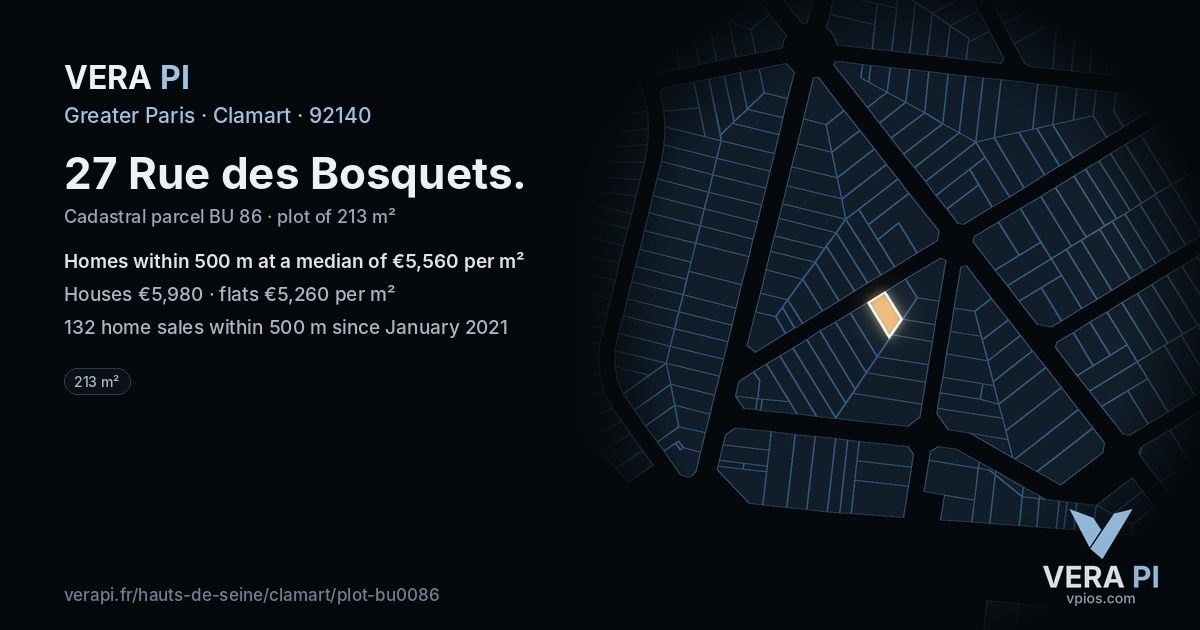 27 Rue des Bosquets, Clamart at night – the plot lit, the parcels around coloured by the prices near them