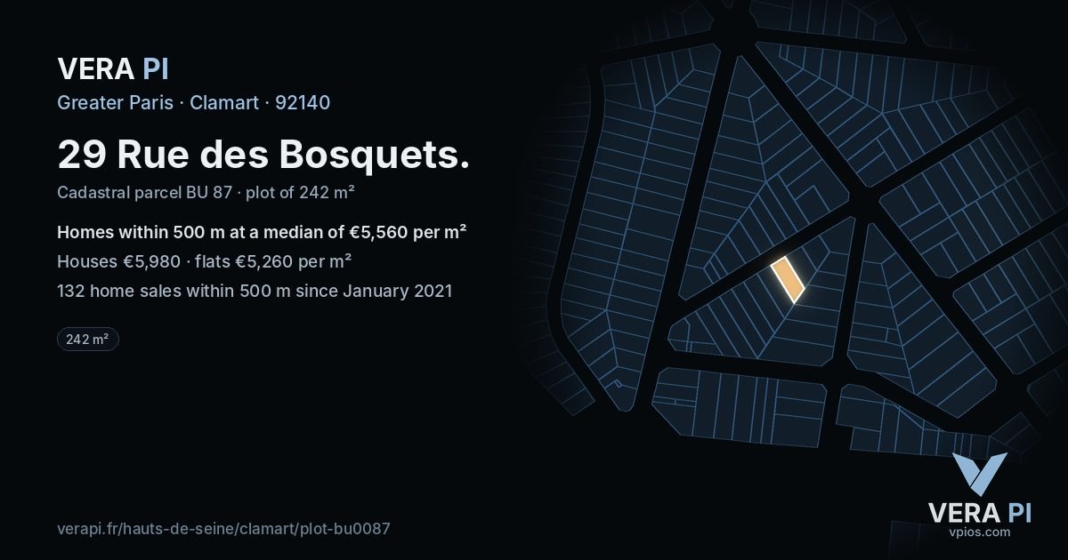 29 Rue des Bosquets, Clamart at night – the plot lit, the parcels around coloured by the prices near them