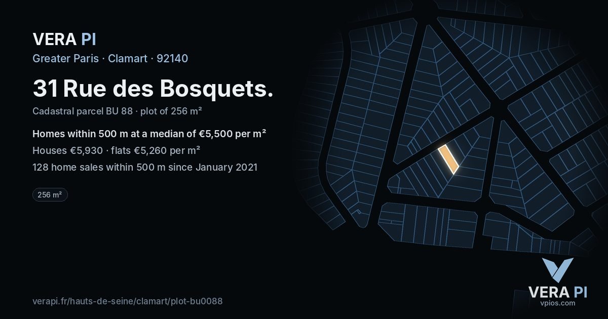 31 Rue des Bosquets, Clamart at night – the plot lit, the parcels around coloured by the prices near them