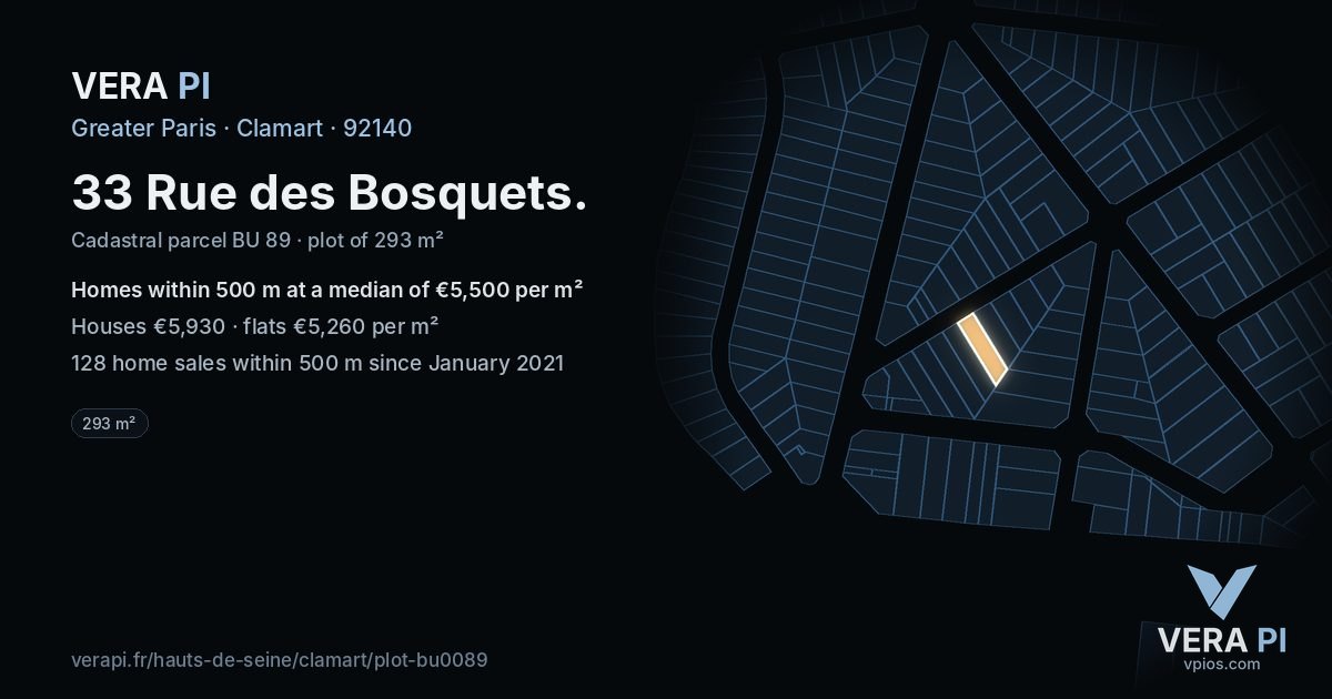 33 Rue des Bosquets, Clamart at night – the plot lit, the parcels around coloured by the prices near them