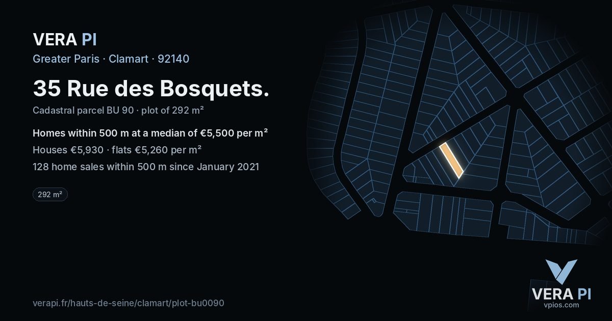 35 Rue des Bosquets, Clamart at night – the plot lit, the parcels around coloured by the prices near them