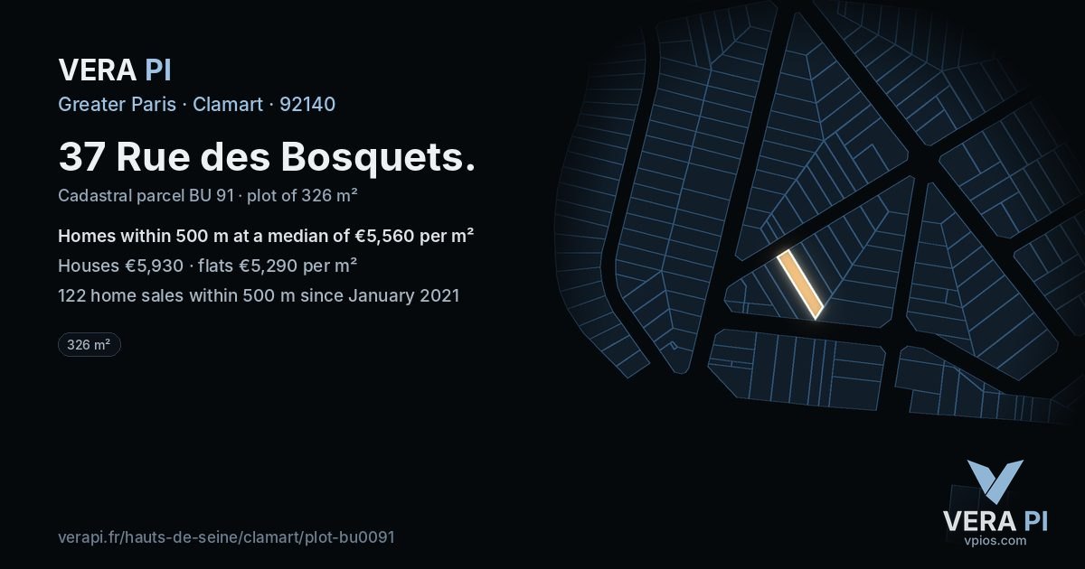 37 Rue des Bosquets, Clamart at night – the plot lit, the parcels around coloured by the prices near them