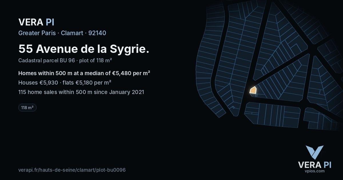 55 Avenue de la Sygrie, Clamart at night – the plot lit, the parcels around coloured by the prices near them