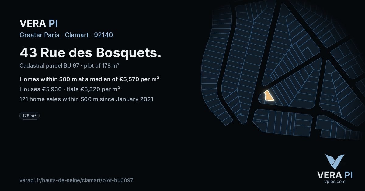 43 Rue des Bosquets, Clamart at night – the plot lit, the parcels around coloured by the prices near them