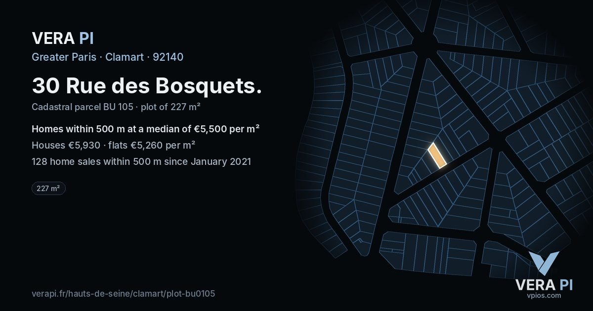 30 Rue des Bosquets, Clamart at night – the plot lit, the parcels around coloured by the prices near them