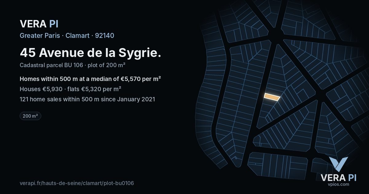 45 Avenue de la Sygrie, Clamart at night – the plot lit, the parcels around coloured by the prices near them