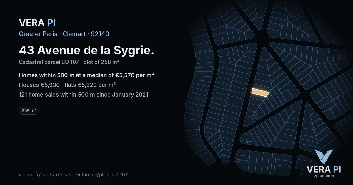 43 Avenue de la Sygrie, Clamart at night – the plot lit, the parcels around coloured by the prices near them