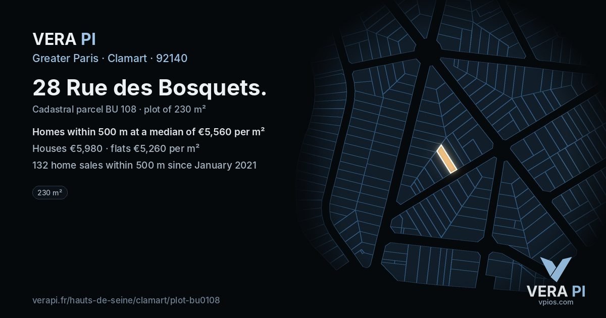 28 Rue des Bosquets, Clamart at night – the plot lit, the parcels around coloured by the prices near them
