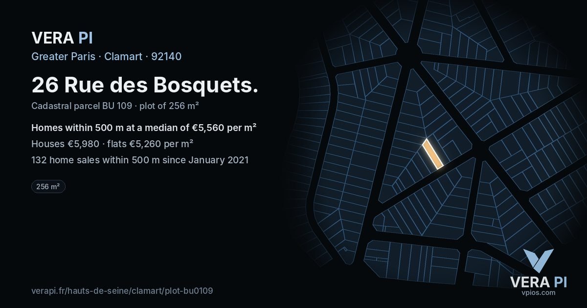 26 Rue des Bosquets, Clamart at night – the plot lit, the parcels around coloured by the prices near them