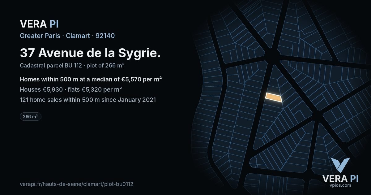 37 Avenue de la Sygrie, Clamart at night – the plot lit, the parcels around coloured by the prices near them