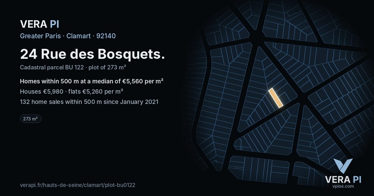 24 Rue des Bosquets, Clamart at night – the plot lit, the parcels around coloured by the prices near them