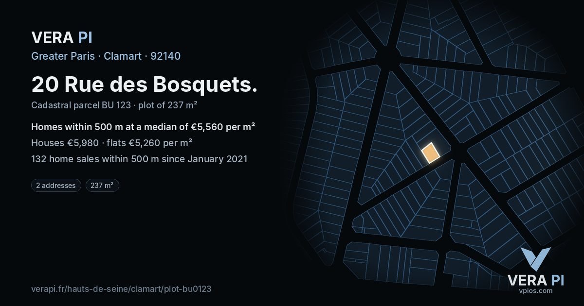 20 Rue des Bosquets, Clamart at night – the plot lit, the parcels around coloured by the prices near them