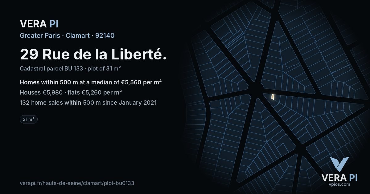 29 Rue de la Liberté, Clamart at night – the plot lit, the parcels around coloured by the prices near them