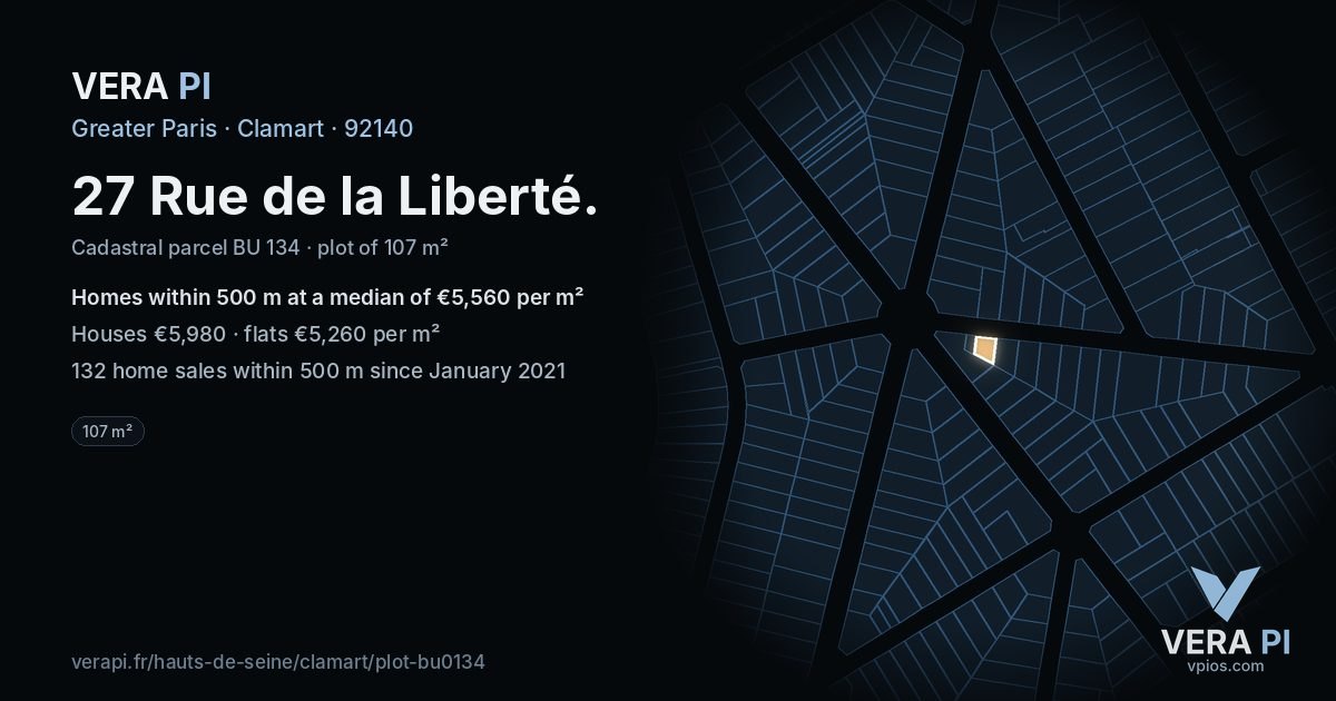 27 Rue de la Liberté, Clamart at night – the plot lit, the parcels around coloured by the prices near them