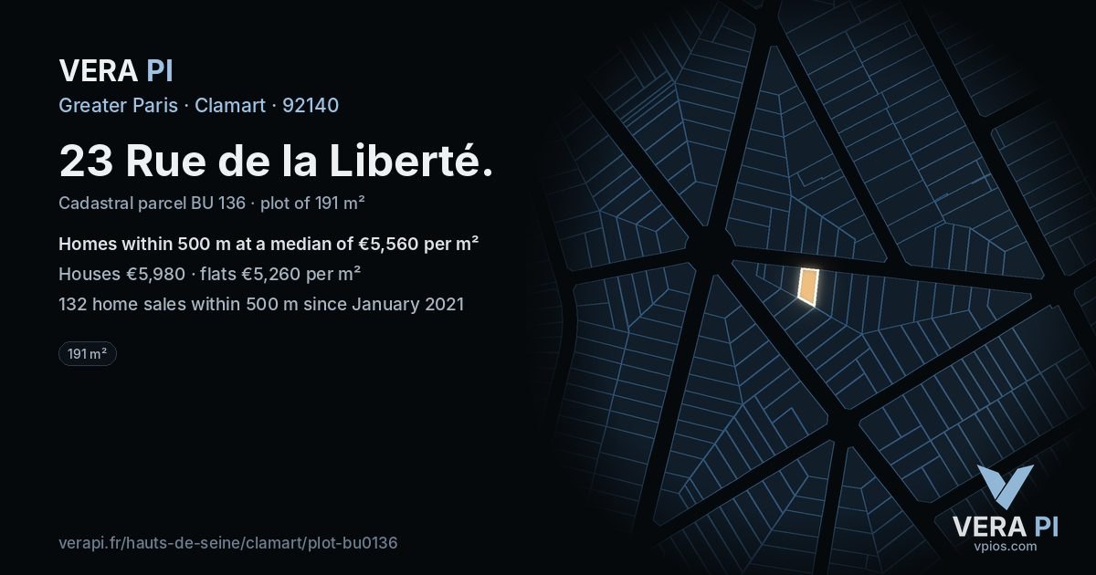23 Rue de la Liberté, Clamart at night – the plot lit, the parcels around coloured by the prices near them