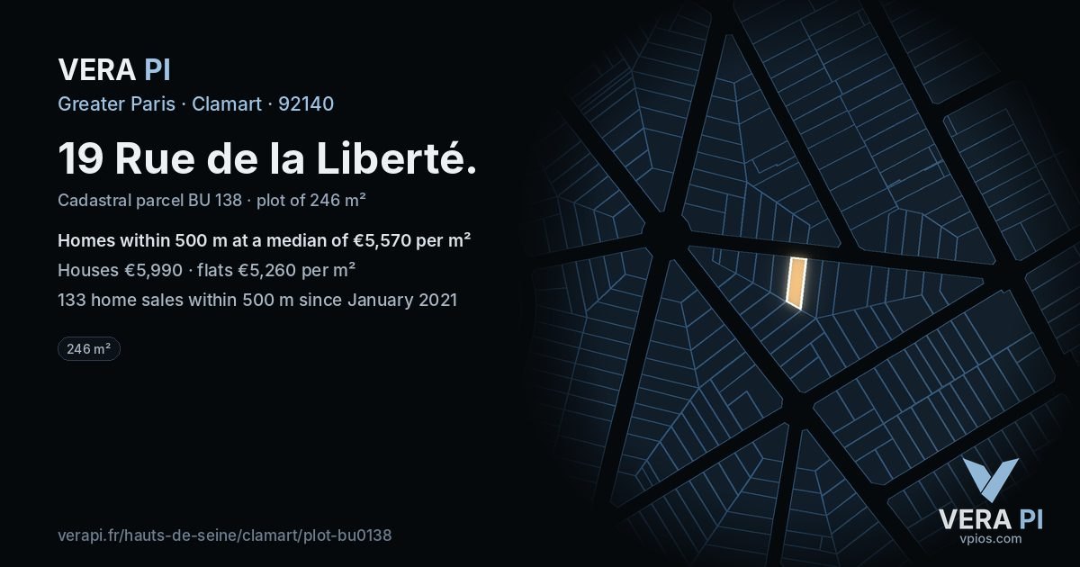 19 Rue de la Liberté, Clamart at night – the plot lit, the parcels around coloured by the prices near them
