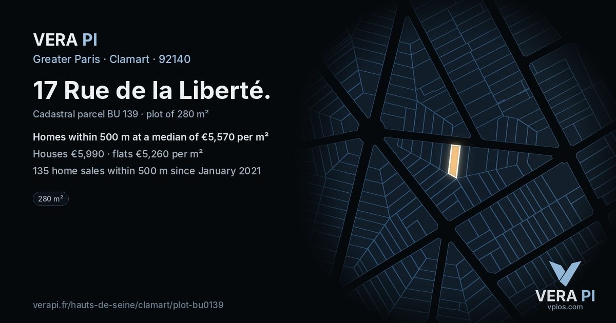 17 Rue de la Liberté, Clamart at night – the plot lit, the parcels around coloured by the prices near them