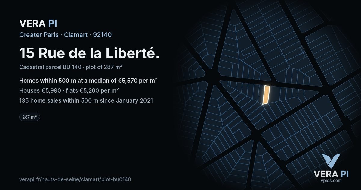 15 Rue de la Liberté, Clamart at night – the plot lit, the parcels around coloured by the prices near them