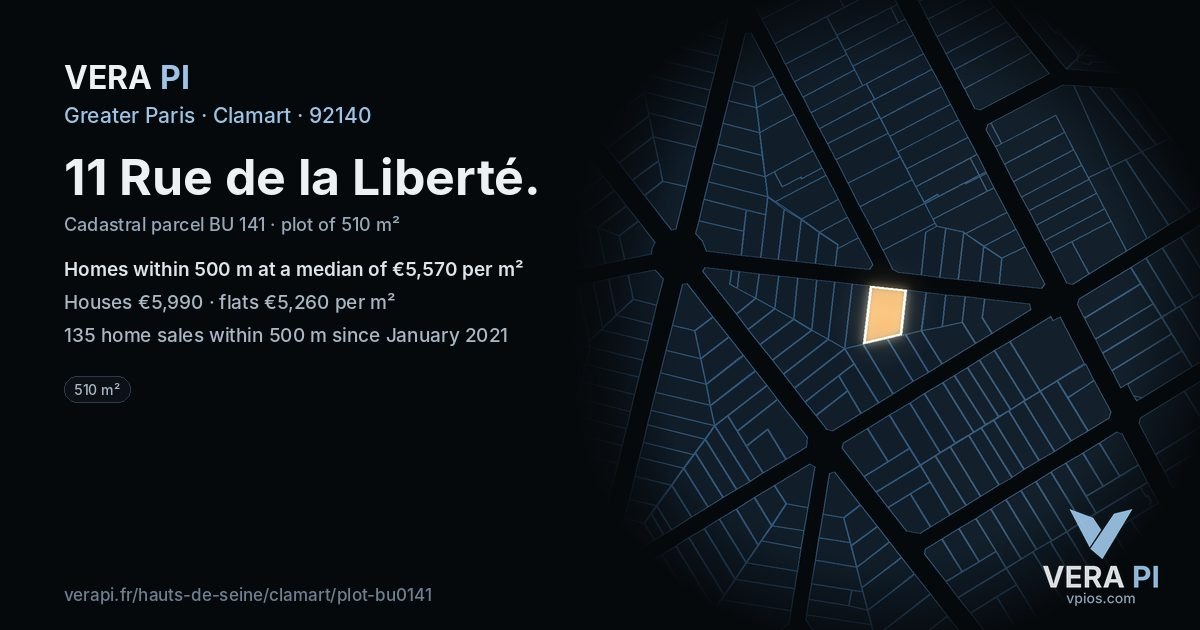 11 Rue de la Liberté, Clamart at night – the plot lit, the parcels around coloured by the prices near them