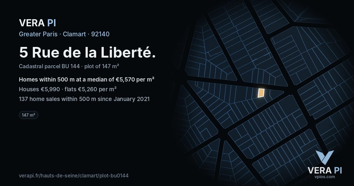 5 Rue de la Liberté, Clamart at night – the plot lit, the parcels around coloured by the prices near them