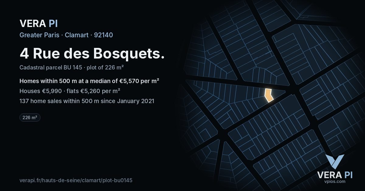 4 Rue des Bosquets, Clamart at night – the plot lit, the parcels around coloured by the prices near them