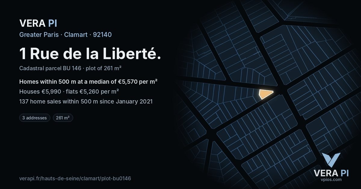 1 Rue de la Liberté, Clamart at night – the plot lit, the parcels around coloured by the prices near them