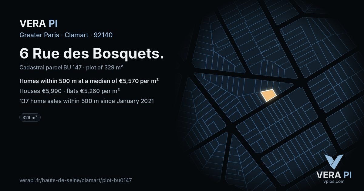 6 Rue des Bosquets, Clamart at night – the plot lit, the parcels around coloured by the prices near them
