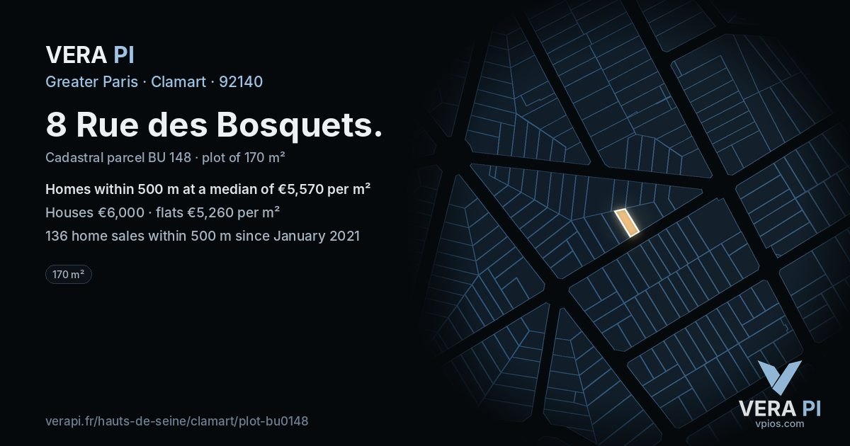 8 Rue des Bosquets, Clamart at night – the plot lit, the parcels around coloured by the prices near them