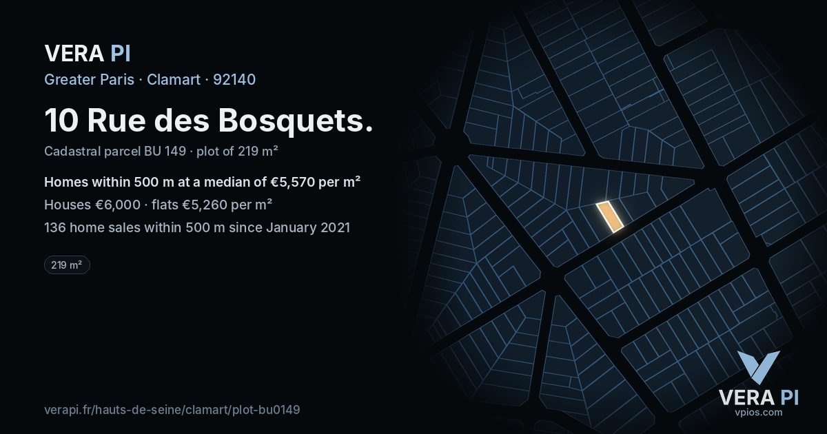 10 Rue des Bosquets, Clamart at night – the plot lit, the parcels around coloured by the prices near them