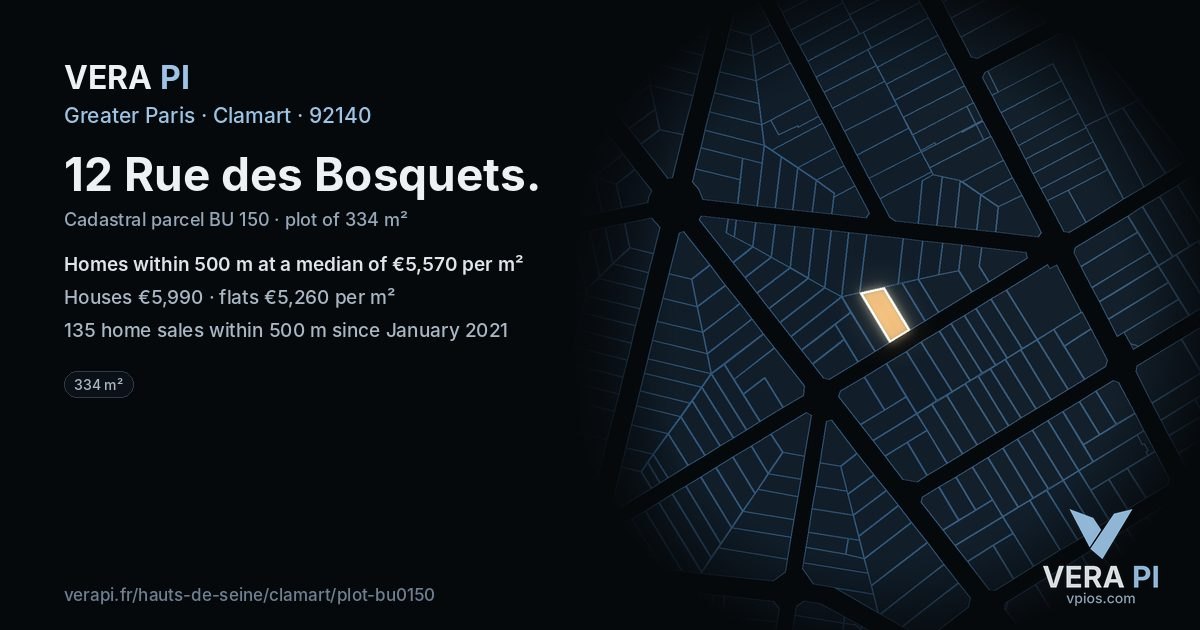 12 Rue des Bosquets, Clamart at night – the plot lit, the parcels around coloured by the prices near them