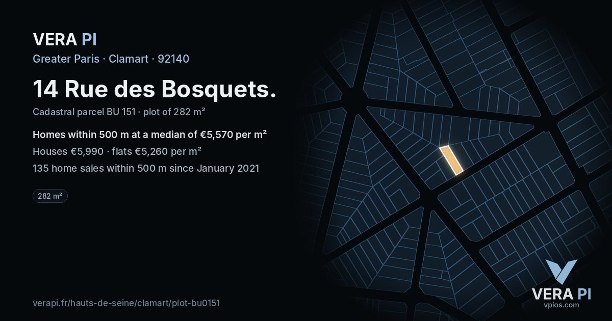 14 Rue des Bosquets, Clamart at night – the plot lit, the parcels around coloured by the prices near them