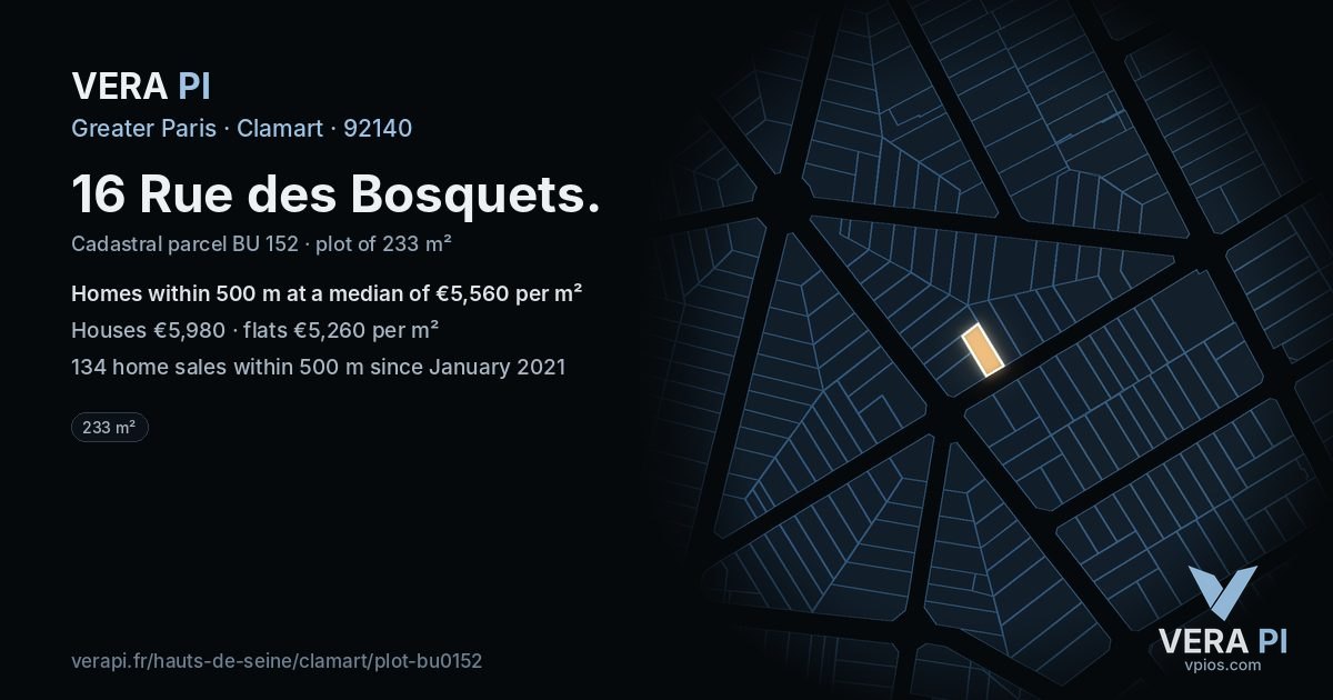 16 Rue des Bosquets, Clamart at night – the plot lit, the parcels around coloured by the prices near them
