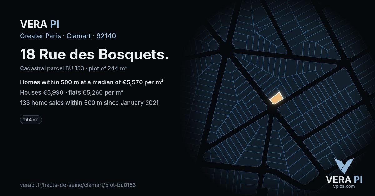 18 Rue des Bosquets, Clamart at night – the plot lit, the parcels around coloured by the prices near them