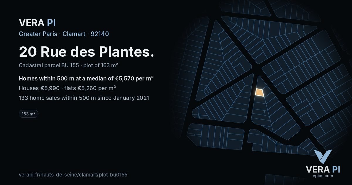20 Rue des Plantes, Clamart at night – the plot lit, the parcels around coloured by the prices near them