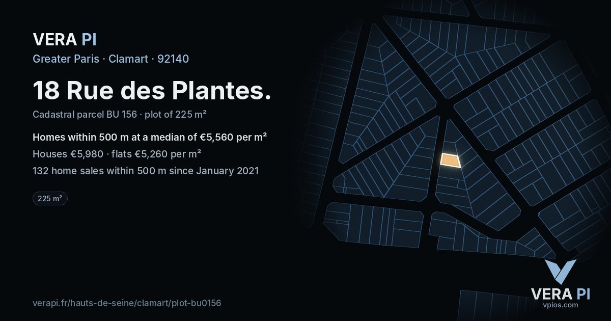 18 Rue des Plantes, Clamart at night – the plot lit, the parcels around coloured by the prices near them