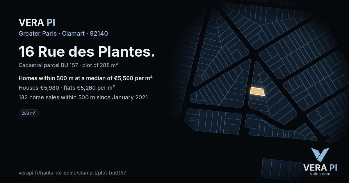 16 Rue des Plantes, Clamart at night – the plot lit, the parcels around coloured by the prices near them