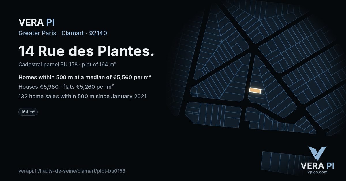 14 Rue des Plantes, Clamart at night – the plot lit, the parcels around coloured by the prices near them