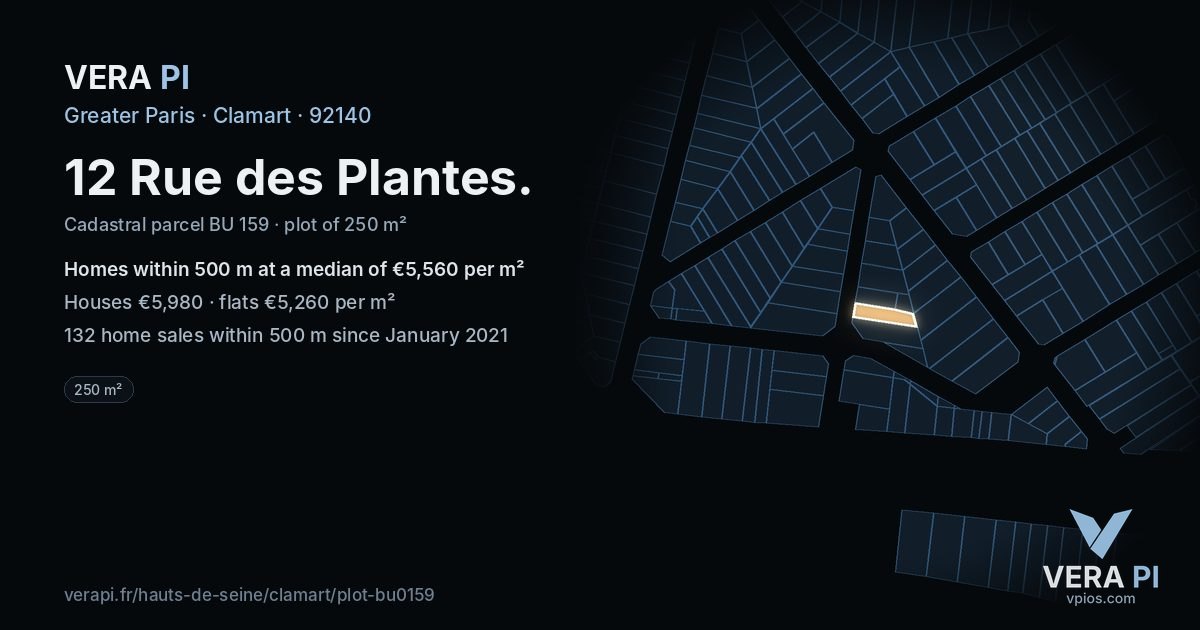 12 Rue des Plantes, Clamart at night – the plot lit, the parcels around coloured by the prices near them