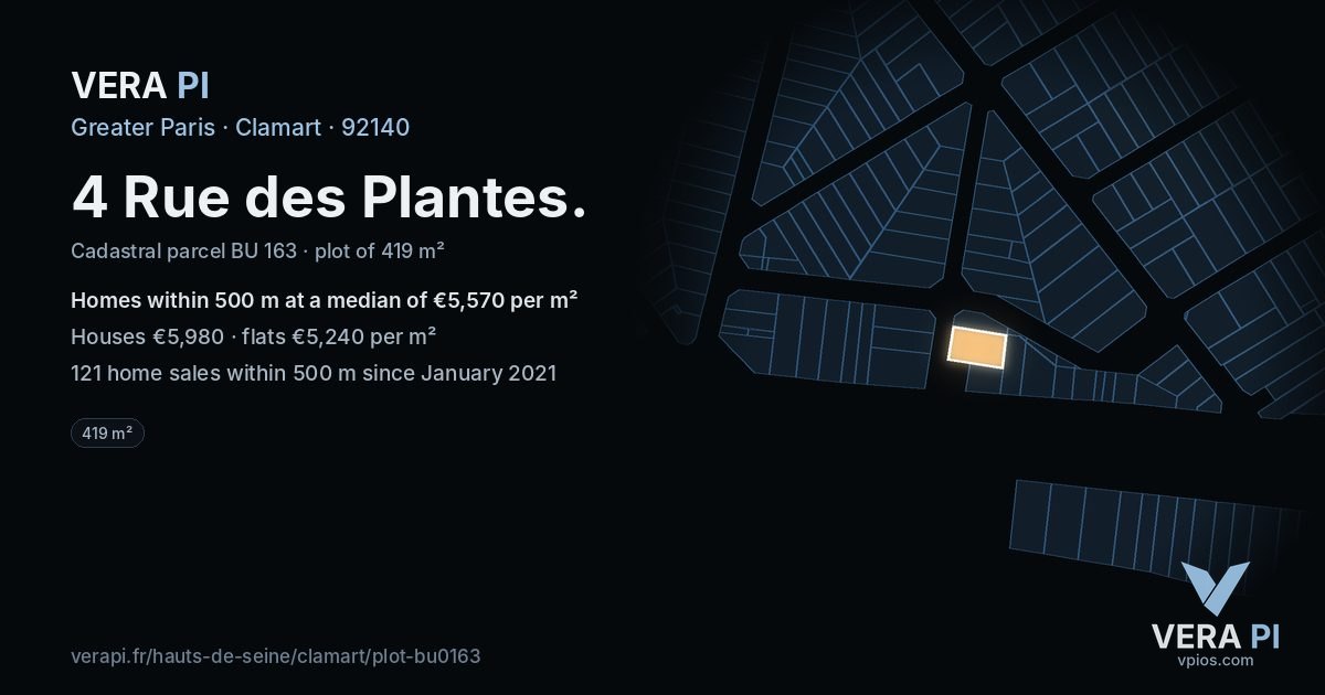 4 Rue des Plantes, Clamart at night – the plot lit, the parcels around coloured by the prices near them