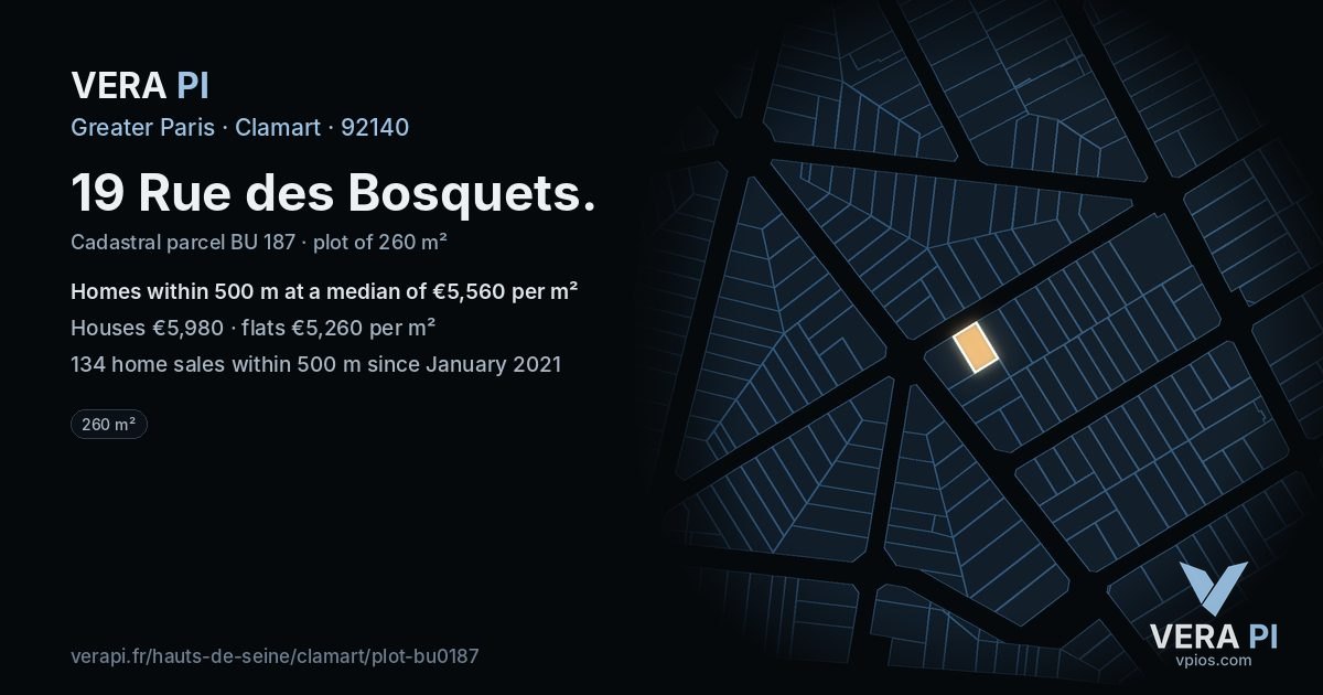 19 Rue des Bosquets, Clamart at night – the plot lit, the parcels around coloured by the prices near them