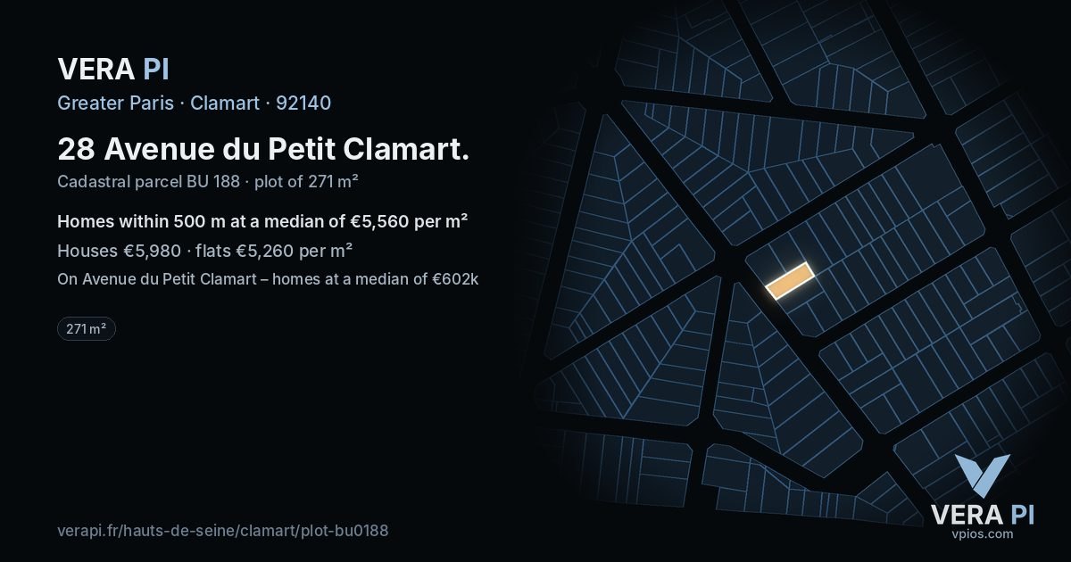 28 Avenue du Petit Clamart, Clamart at night – the plot lit, the parcels around coloured by the prices near them