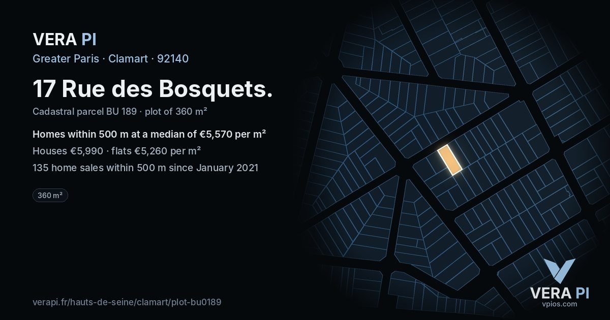 17 Rue des Bosquets, Clamart at night – the plot lit, the parcels around coloured by the prices near them