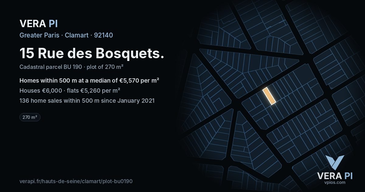 15 Rue des Bosquets, Clamart at night – the plot lit, the parcels around coloured by the prices near them