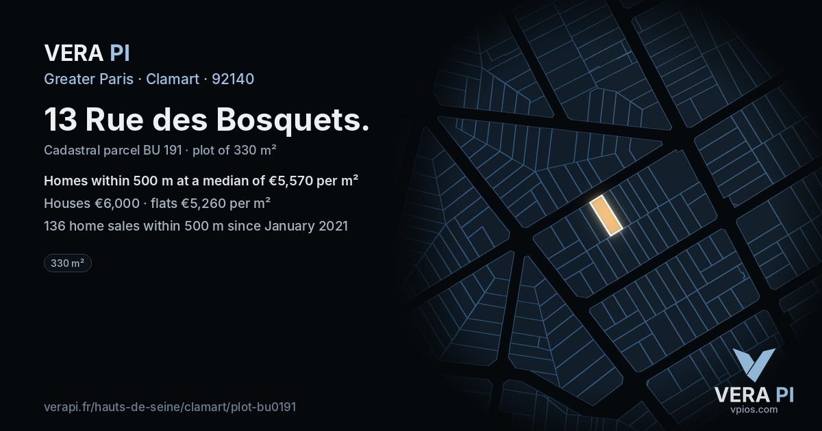 13 Rue des Bosquets, Clamart at night – the plot lit, the parcels around coloured by the prices near them