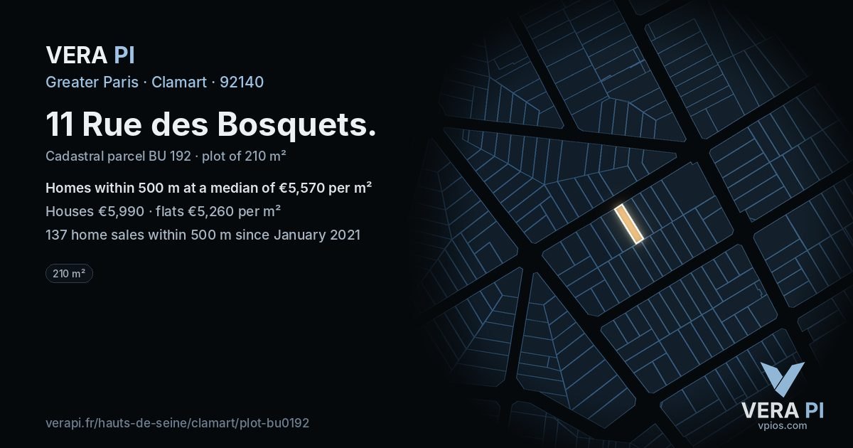 11 Rue des Bosquets, Clamart at night – the plot lit, the parcels around coloured by the prices near them