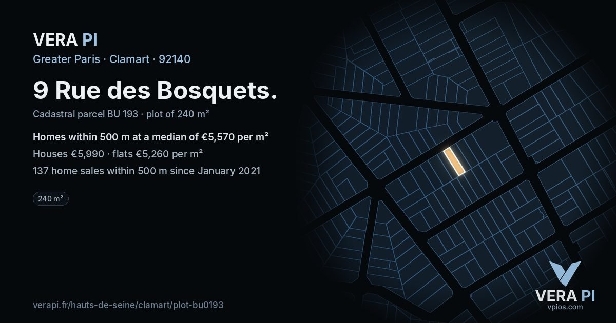 9 Rue des Bosquets, Clamart at night – the plot lit, the parcels around coloured by the prices near them