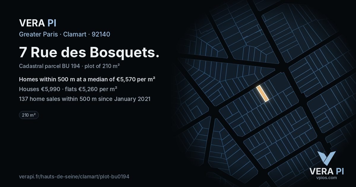 7 Rue des Bosquets, Clamart at night – the plot lit, the parcels around coloured by the prices near them