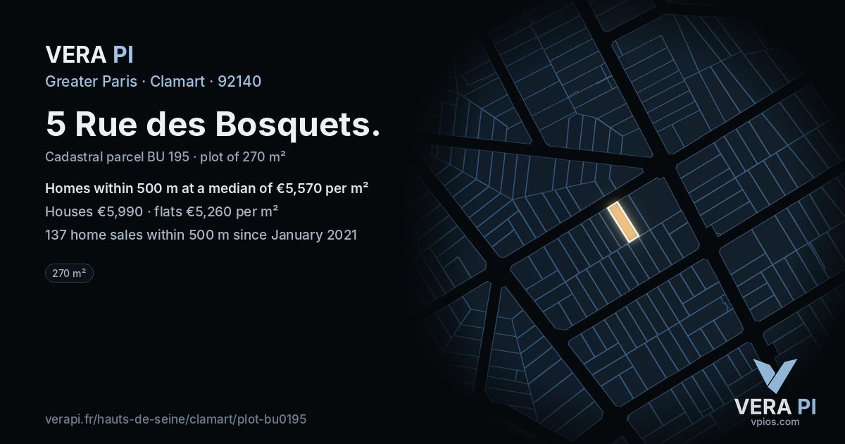 5 Rue des Bosquets, Clamart at night – the plot lit, the parcels around coloured by the prices near them