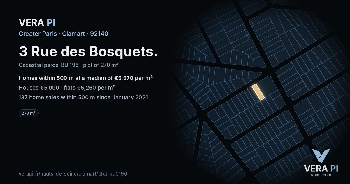 3 Rue des Bosquets, Clamart at night – the plot lit, the parcels around coloured by the prices near them